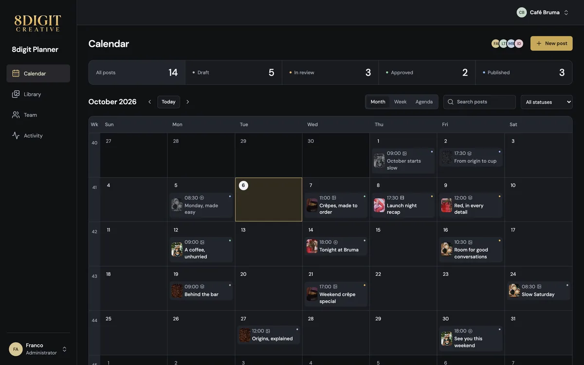 The 8digit Planner calendar for October, with each post on its day.