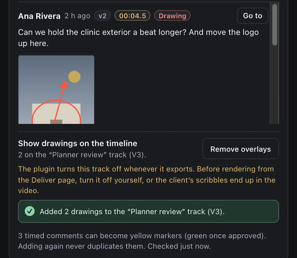 Feedback in the panel: a timed comment with a drawing and Go to, and a confirmation that 2 drawings were added to the Planner review track.