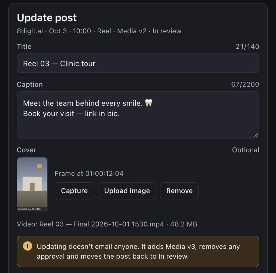 Update post in the 8digit Planner panel: the title Reel 03 — Clinic tour, a caption, a cover captured at a frame with Capture, Upload image and Remove, and a note that updating adds Media v3.