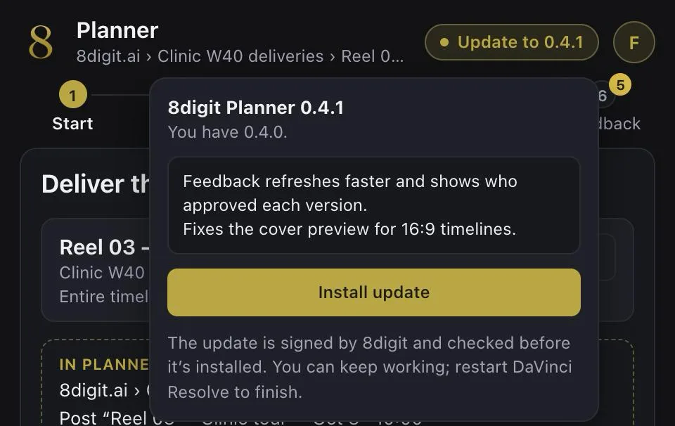 The panel’s update menu for 8digit Planner 0.4.1: what changed, an Install update button and a note that the update is signed by 8digit.