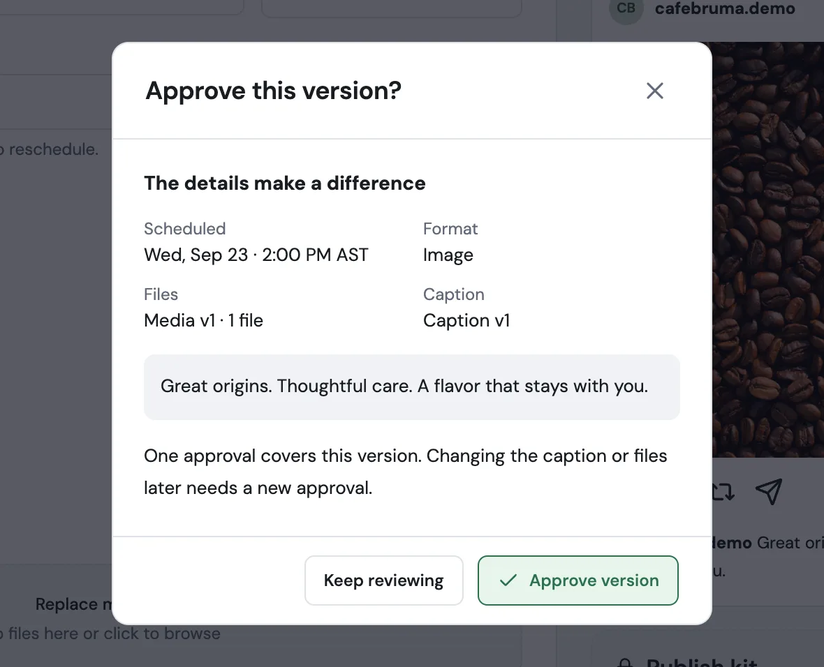 The Approve this version summary with schedule, format, files, caption and the caption text.