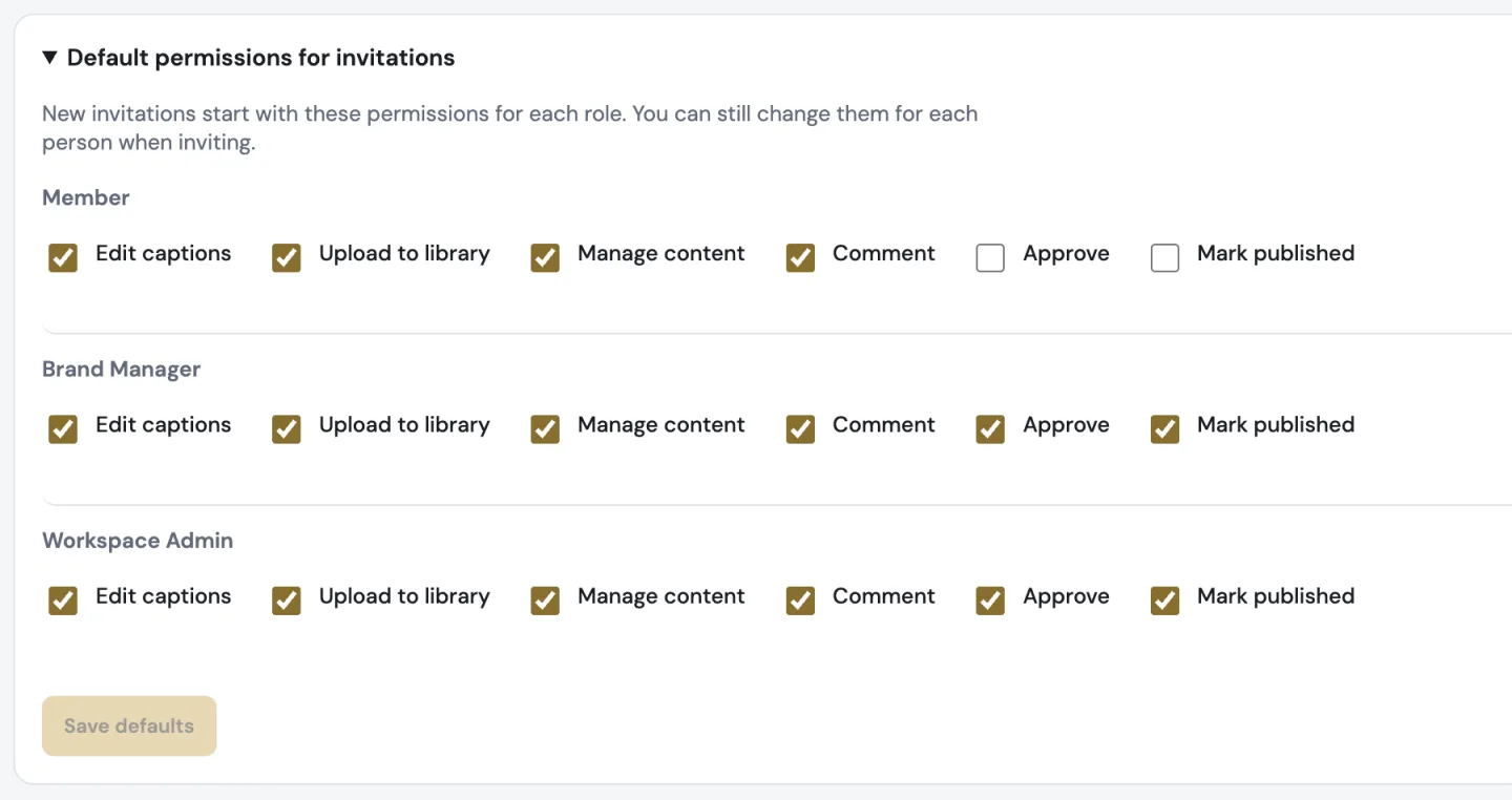 Default permissions for invitations, with a row of permissions for Member, Brand Manager and Workspace Admin.