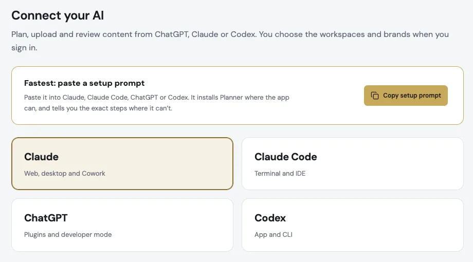 The Copy setup prompt card above the Claude, Claude Code, ChatGPT and Codex options.