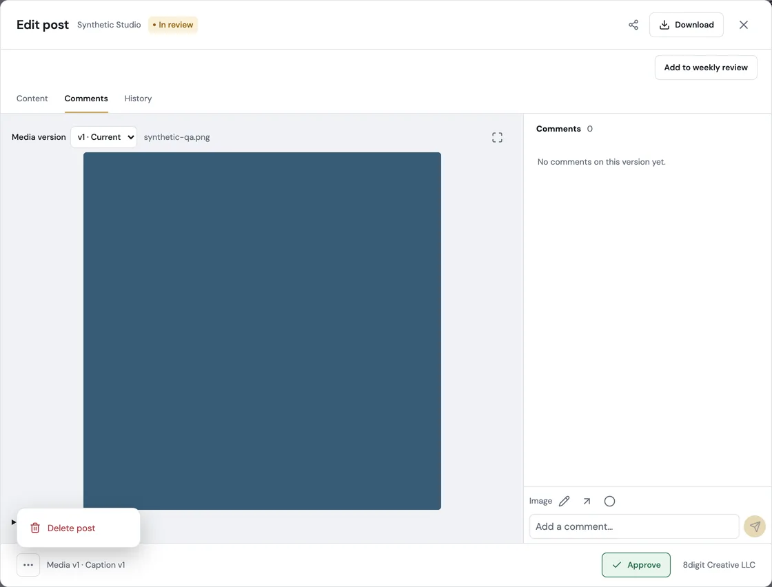 The post editor on the Comments tab, with More open showing Delete post and Approve at the right end of the bottom bar.