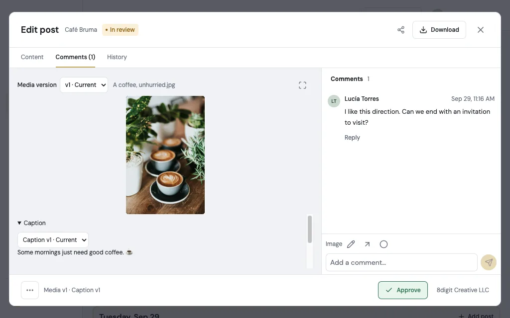 A post in Comments: the Media version and Caption version pickers at the same size, and More and Approve in a compact footer.