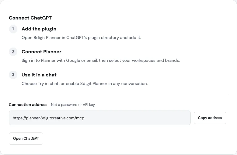 Connect ChatGPT: open 8digit Planner in ChatGPT’s plugin directory and add it, sign in to Planner, then use it in a chat, with an Open ChatGPT button.