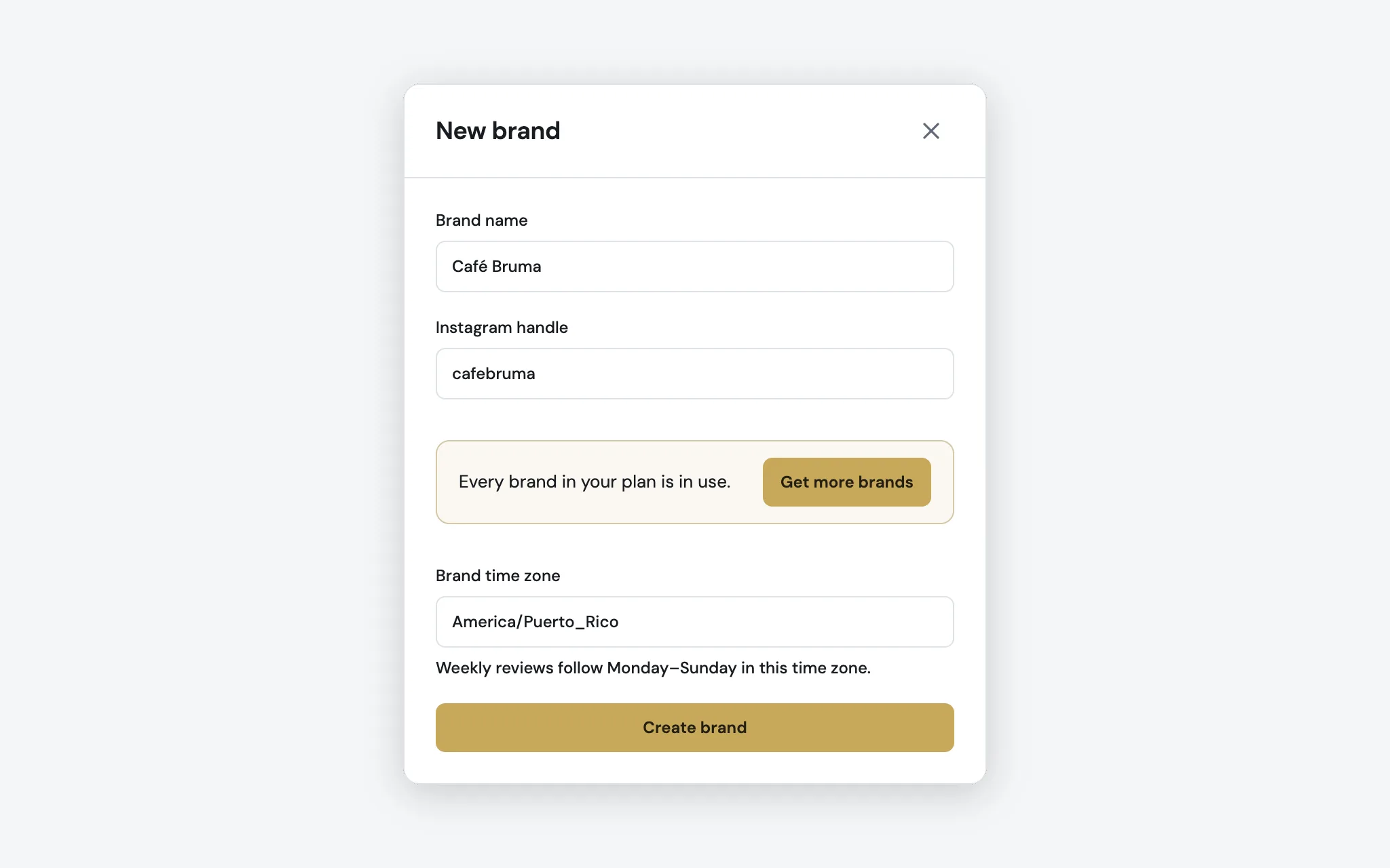 New brand saying every brand in the plan is in use, with a Get more brands button next to the message.