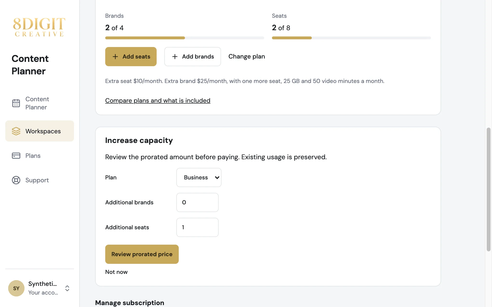 Increase capacity opened from Add seats, with one additional seat filled in and a Review prorated price button.