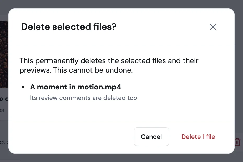 Delete selected files for A moment in motion.mp4, noting that its review comments are deleted too, with Delete 1 file available.