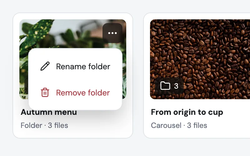 A folder card with its actions open, showing Rename folder and Remove folder, next to a carousel folder.